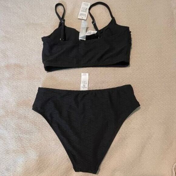 CUPSHE Black Textured Bikini Set Womens Small 2 Piece Scoop Neck High Waist NWT - Picture 4 of 10